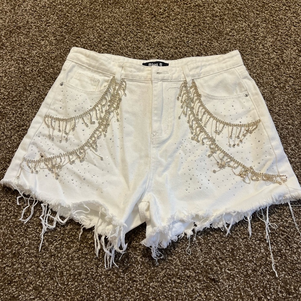 Embellished White Denim Shorts